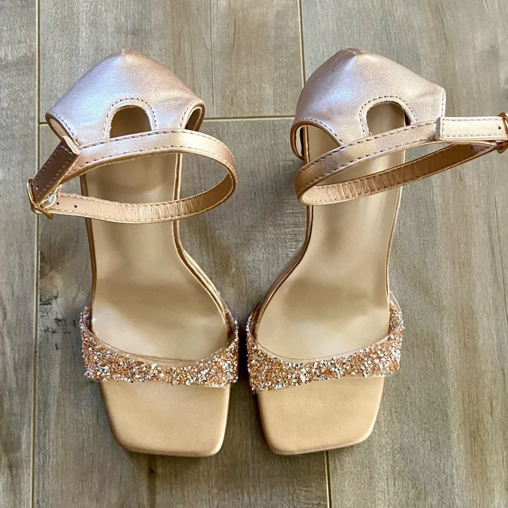 Open Toe Ankle Strap Rhinestone Band Dress Sandal Stiletto High Heel in Gold